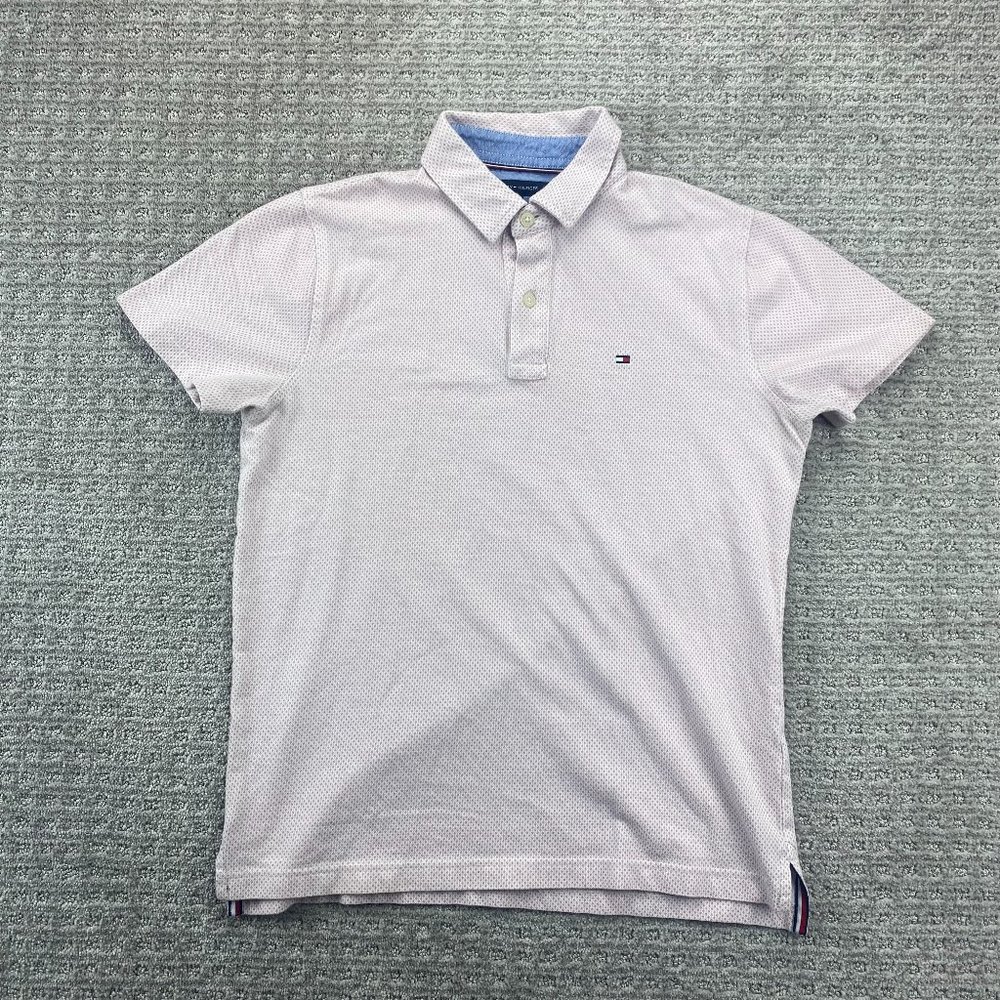 Tommy Hilfiger Polo Shirt Men Medium M White Red Polka Dots Slim Fit Casual Golf